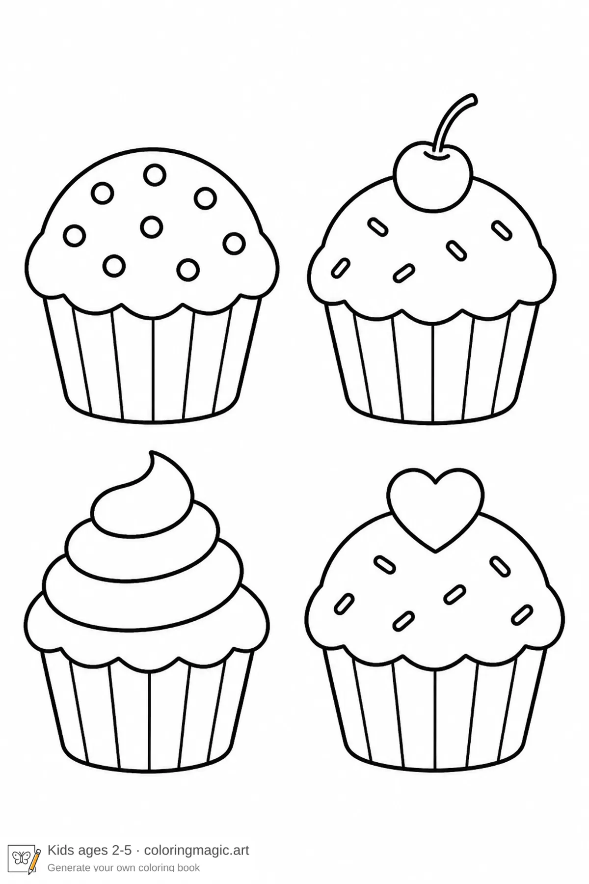 Quattro disegni da colorare di muffin con zuccherini, ciliegia, vortice e topper a cuore per i più piccoli