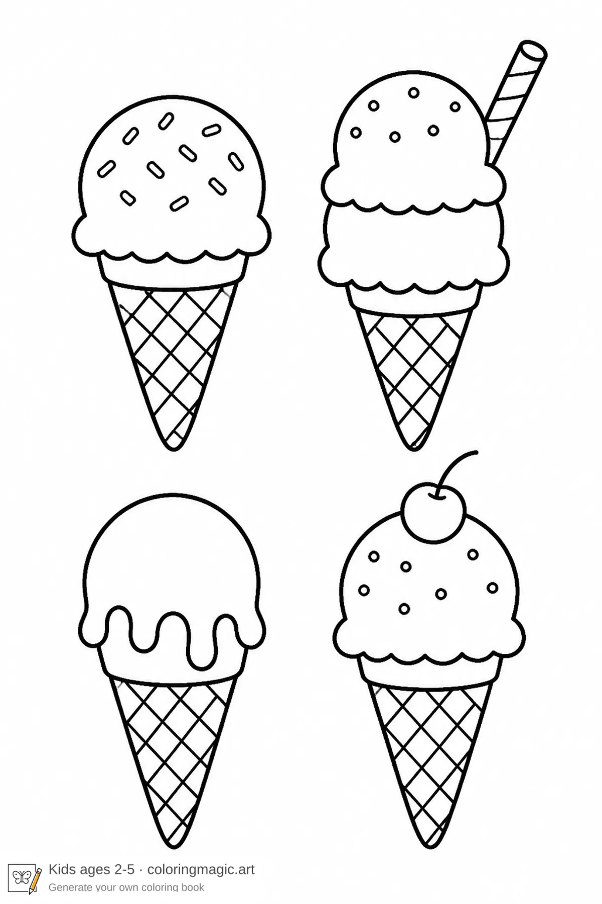 Quattro disegni da colorare di gelati con zuccherini, cialda, goccia e ciliegia per scuola dell'infanzia