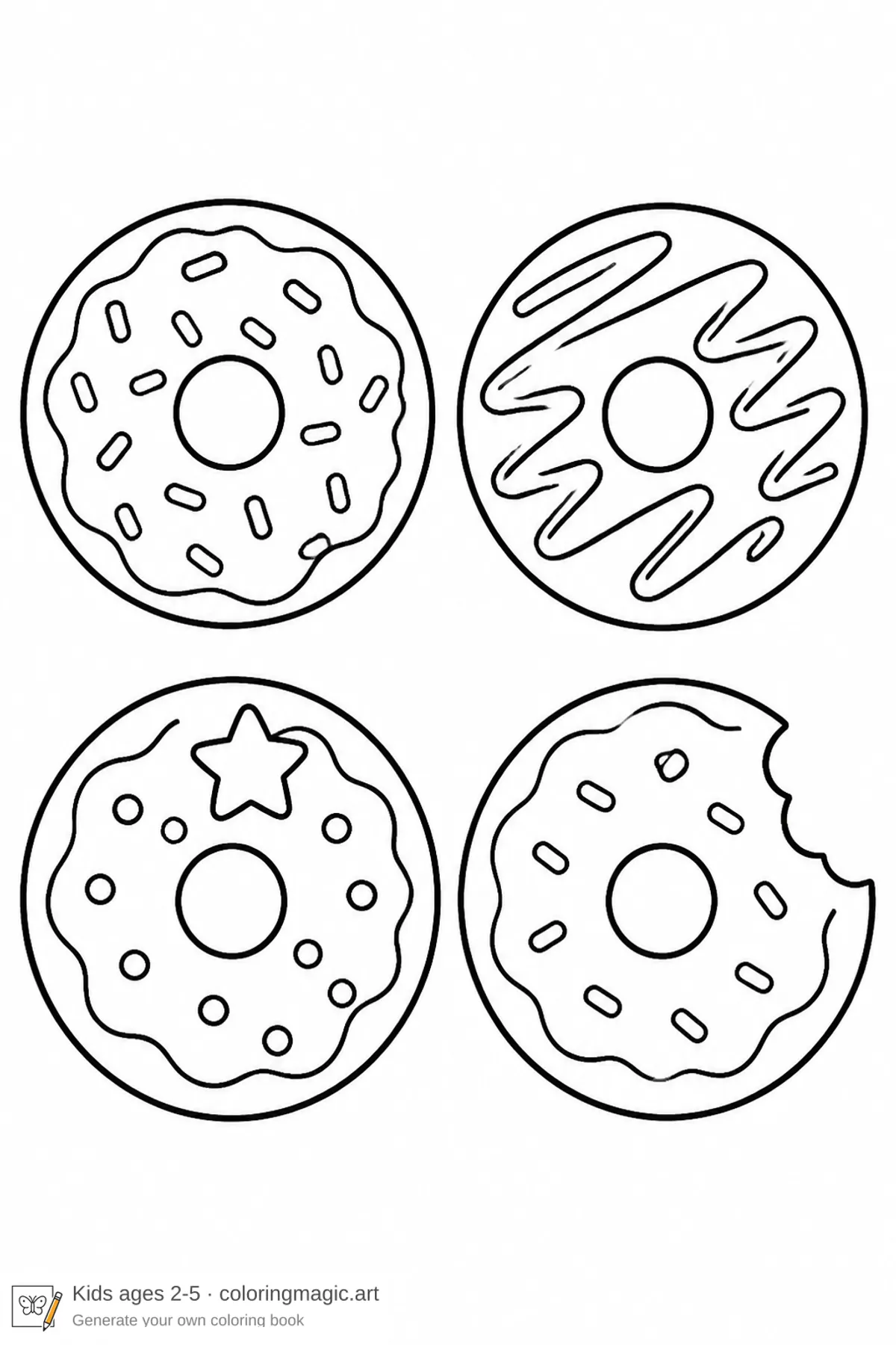 Quattro disegni da colorare di ciambelle con zuccherini, glassa zigzag, stella e morso per scuola dell'infanzia