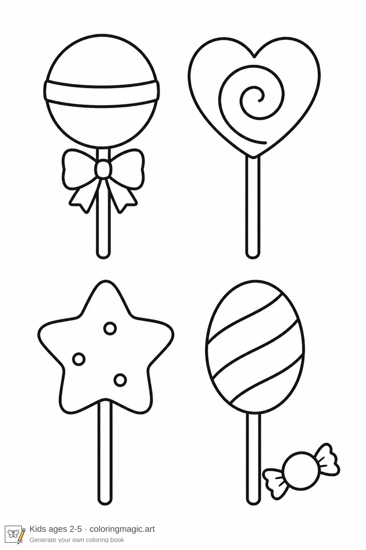 Quattro pagine da colorare di lecca-lecca tondo, cuore, stella e ovale con caramello incartato per i più piccoli