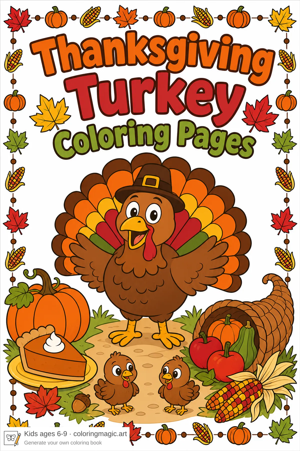 Färglagt Thanksgiving-omslag till målarbild med leende kalkon, solfjädersstjärt, pumpapaj, ymnighetshorn och två kycklingar