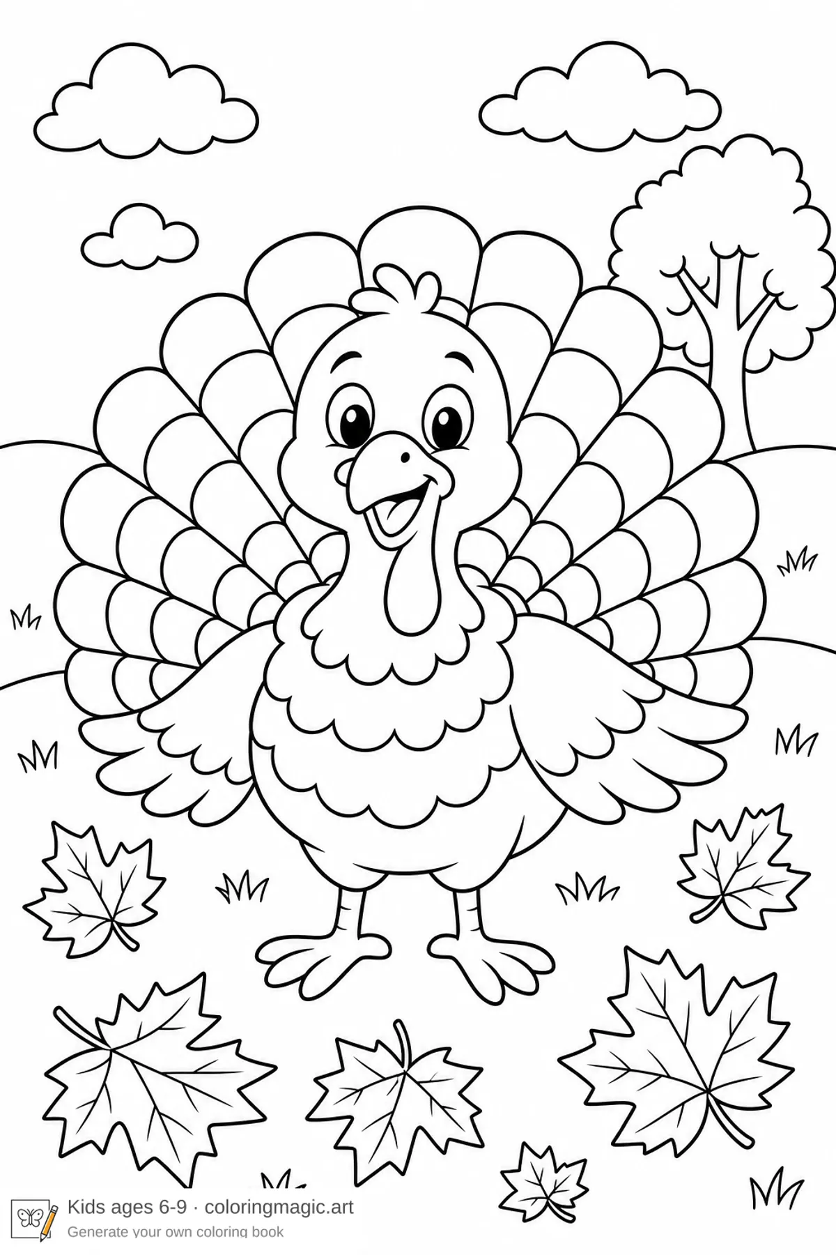 Thanksgiving-målarbild med en leende tecknad kalkon med stor solfjädersstjärt på en höstäng med lönnlöv
