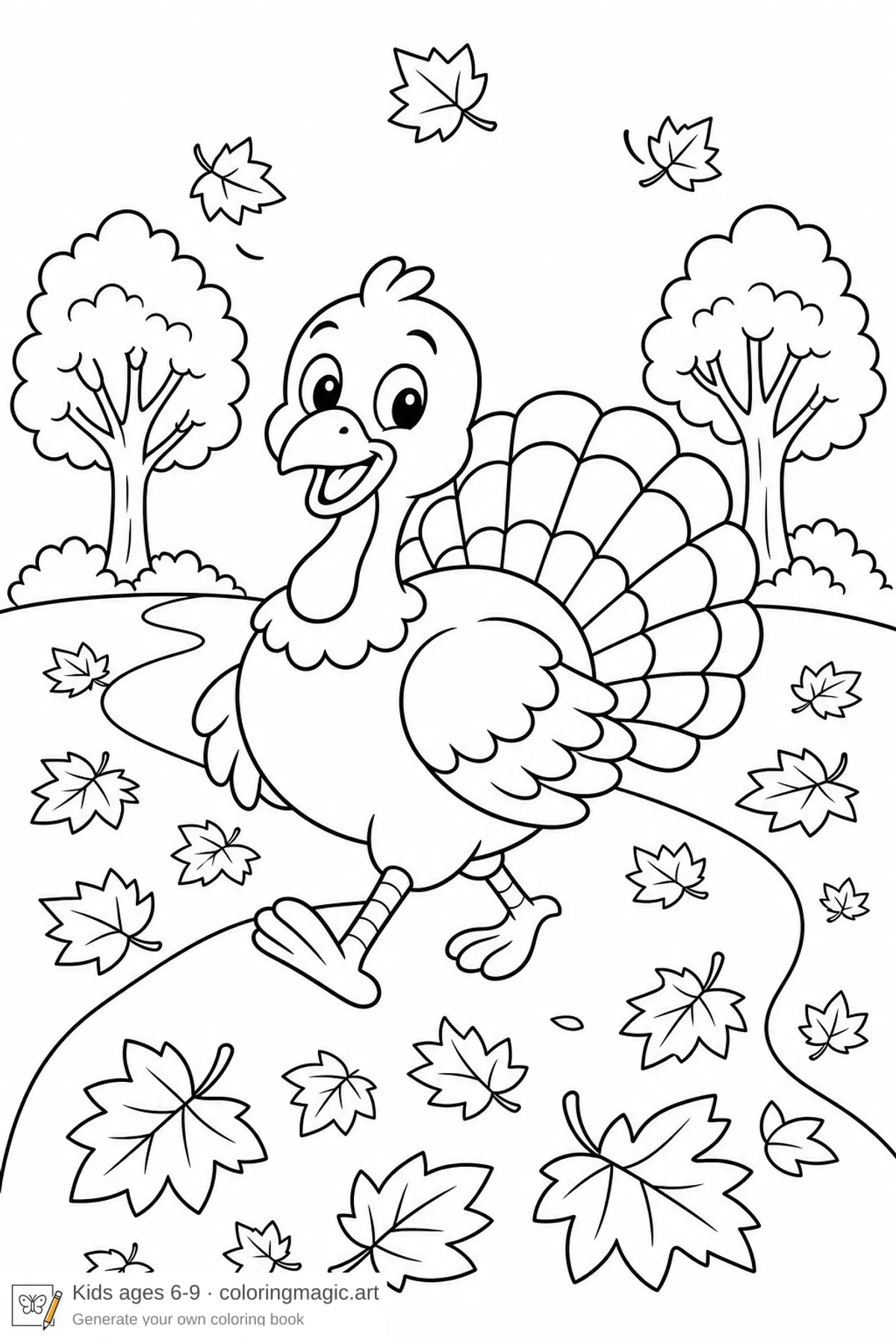 Thanksgiving-målarbild med en glad tecknad kalkon som går på en stig genom lönnlöv med två små träd för barn