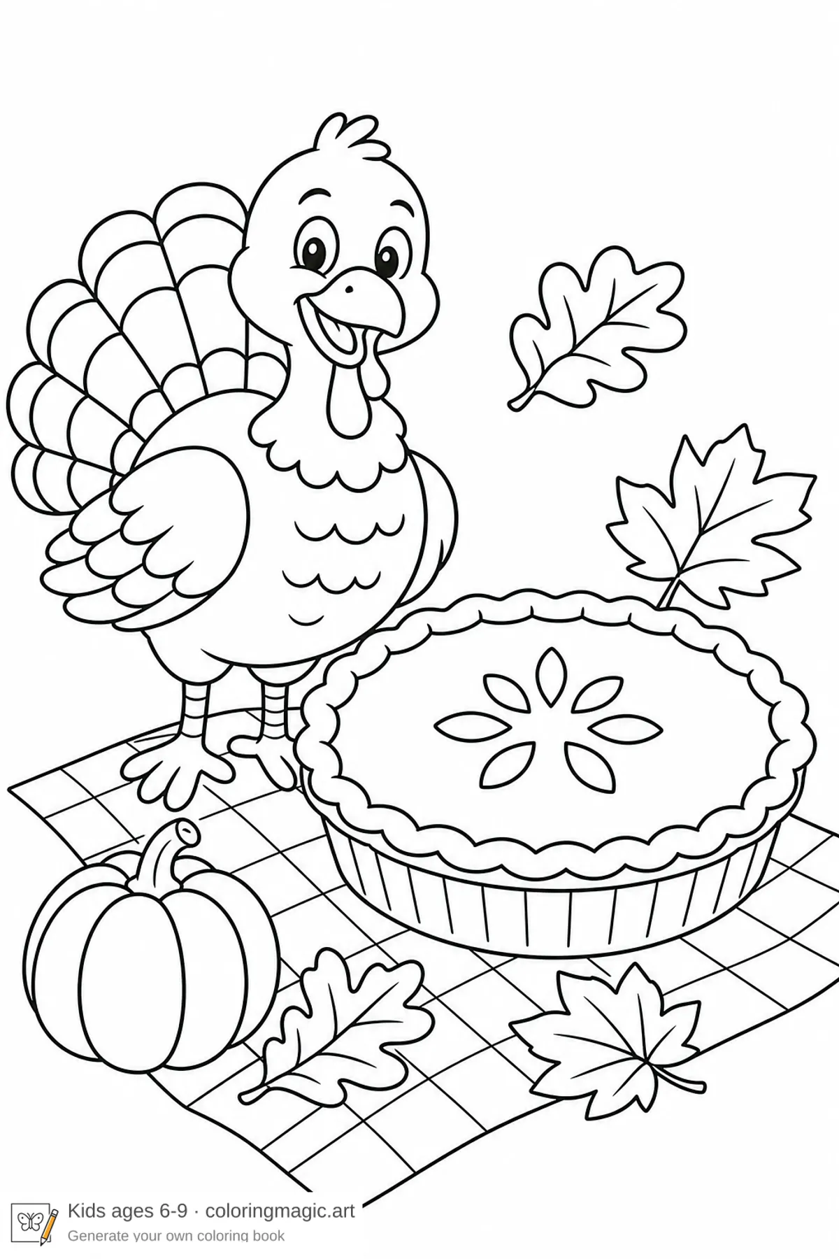 Thanksgiving-målarbild med en leende tecknad kalkon vid en pumpapaj på en picknickfilt och en liten pumpa för barn
