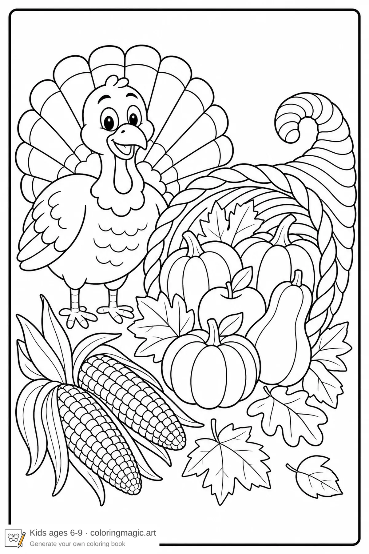 Thanksgiving-målarbild med en tecknad kalkon vid flerfärgad majs och ett ymnighetshorn med squash, äpplen och löv för barn