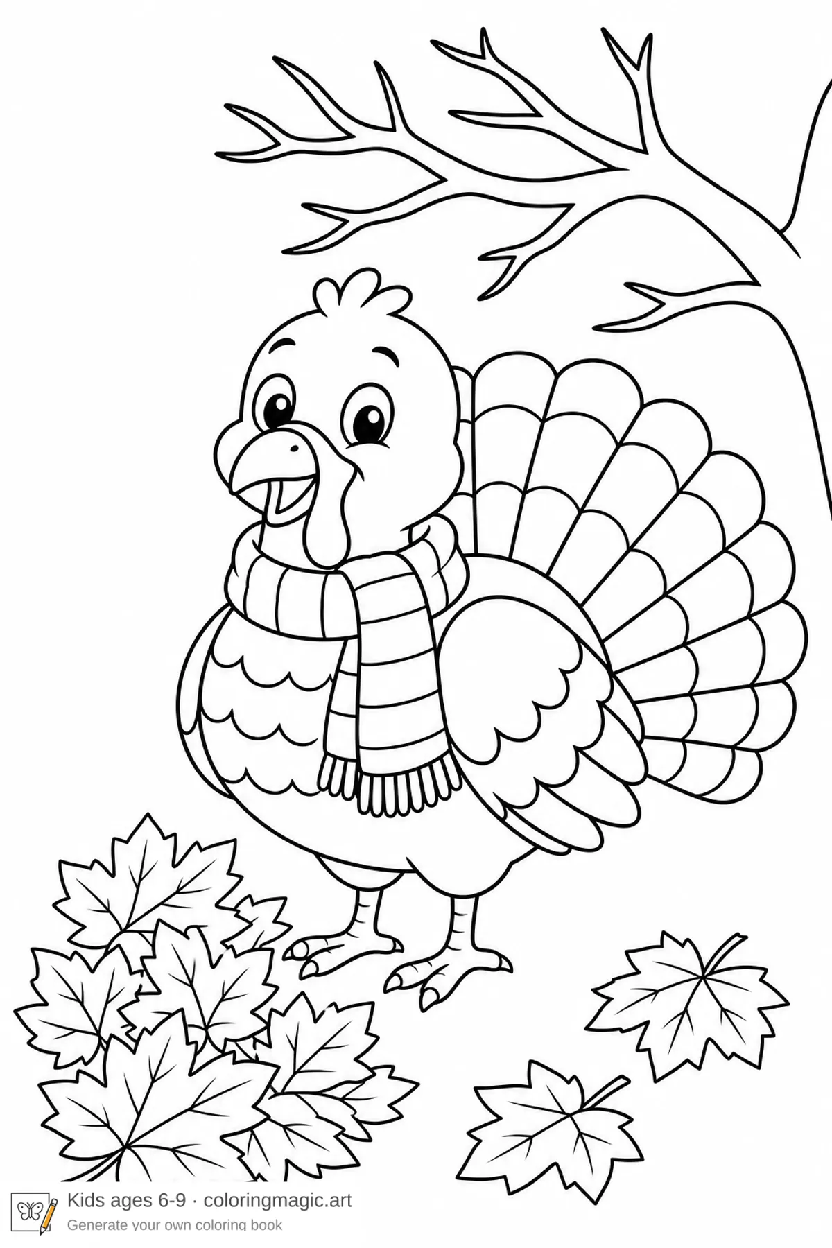 Thanksgiving-målarbild med en söt tecknad kalkon i mysig halsduk vid lönnlöv och en kal gren för barn