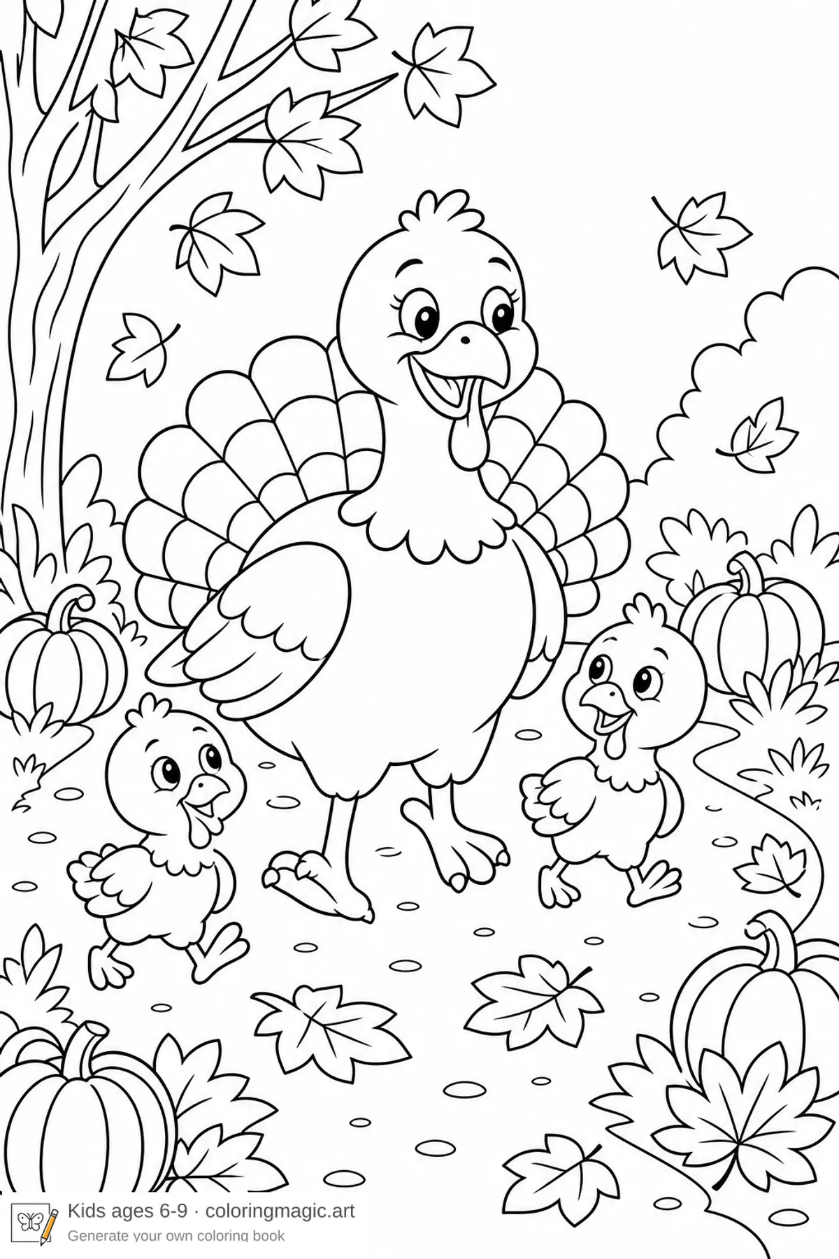 Thanksgiving-målarbild med en kalkonförälder som går med två kycklingar förbi löv och små pumpor för barn