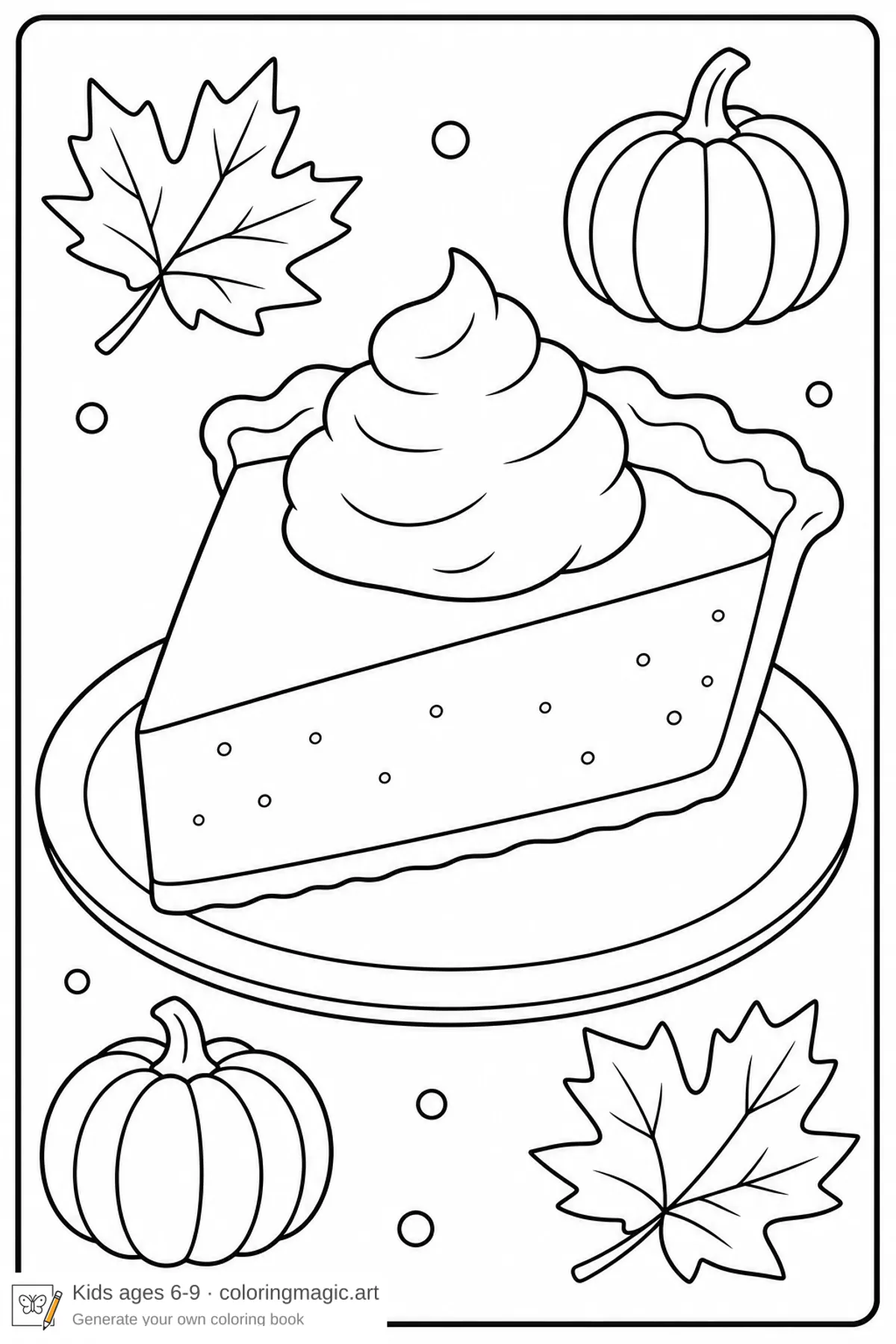 Thanksgiving-målarbild med en bit pumpapaj på en tallrik med lönnlöv och pyttesmå pumpor för barn
