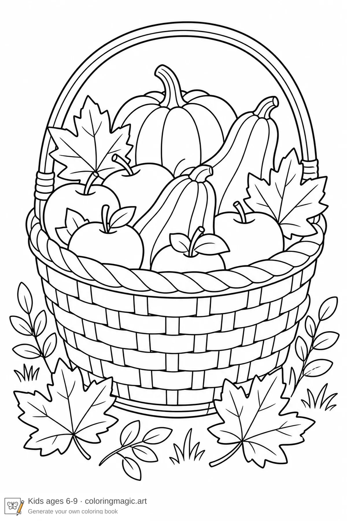 Thanksgiving-målarbild med en flätad skördekorg som svämmar över av äpplen, squash och lönnlöv för barn
