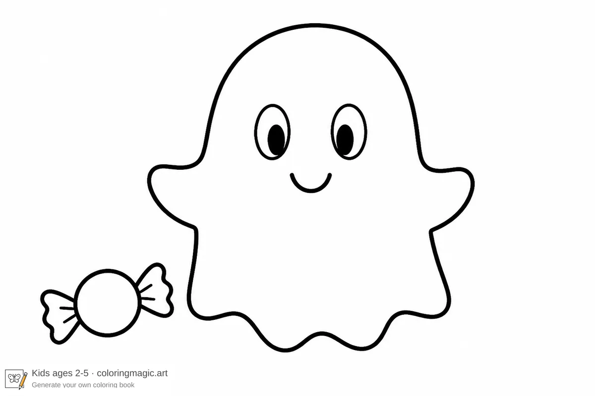 Friendly rounded ghost with oval eyes and small smile Halloween coloring page with candy piece for preschool toddlers
