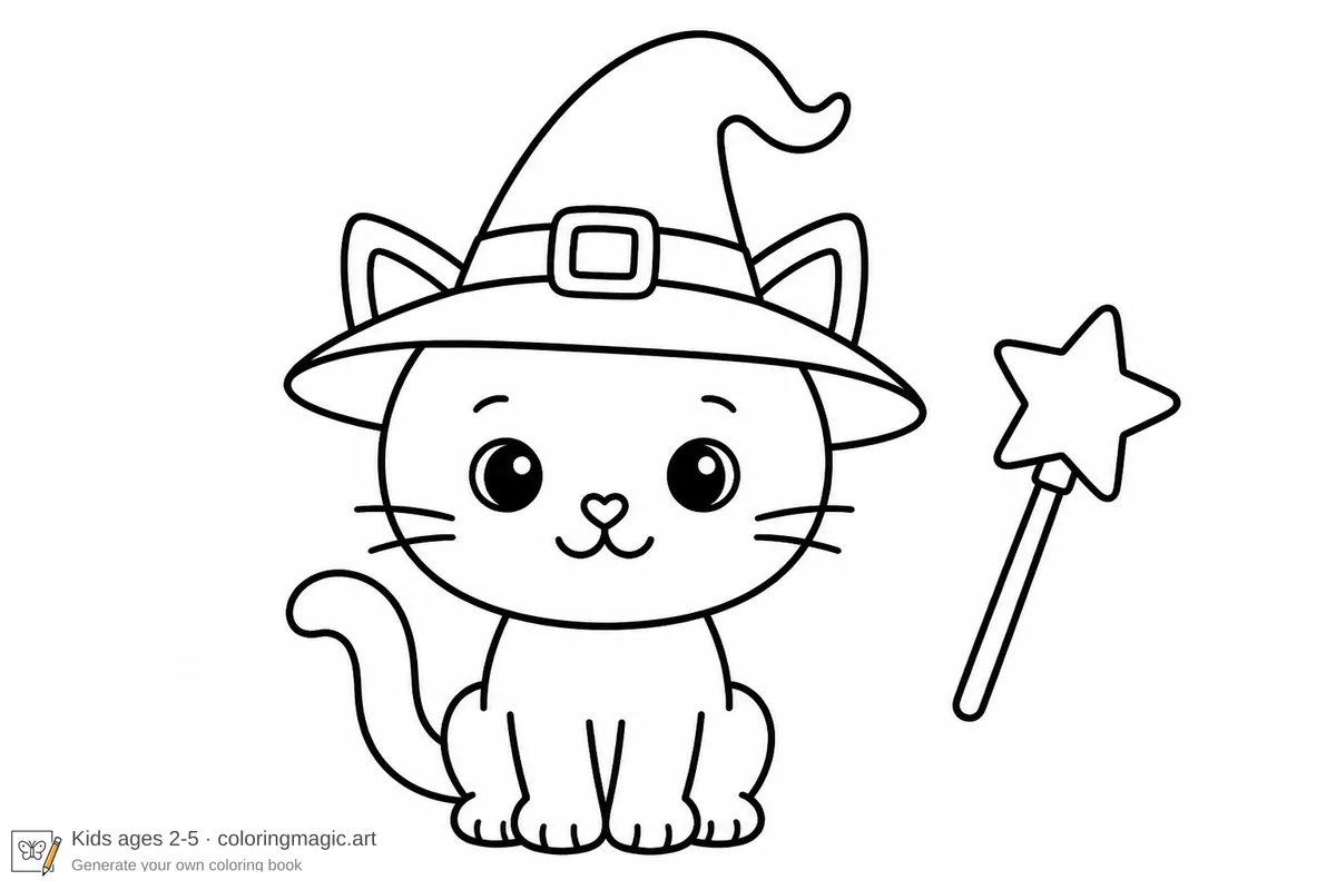 Cute witch cat wearing oversized pointed magic hat with star wand Halloween coloring page for toddlers and preschoolers