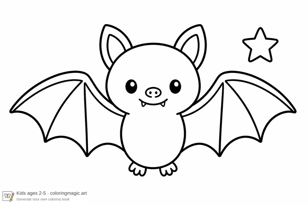 Symmetrical friendly bat with spread wings small ears and tiny smile Halloween coloring page for toddlers ages 2 to 5