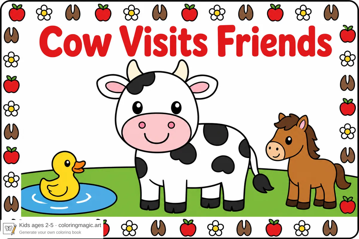 Cow Visits Friends coloring pages showing the same spotted cow on the cover and with a horse, pig, and duck
