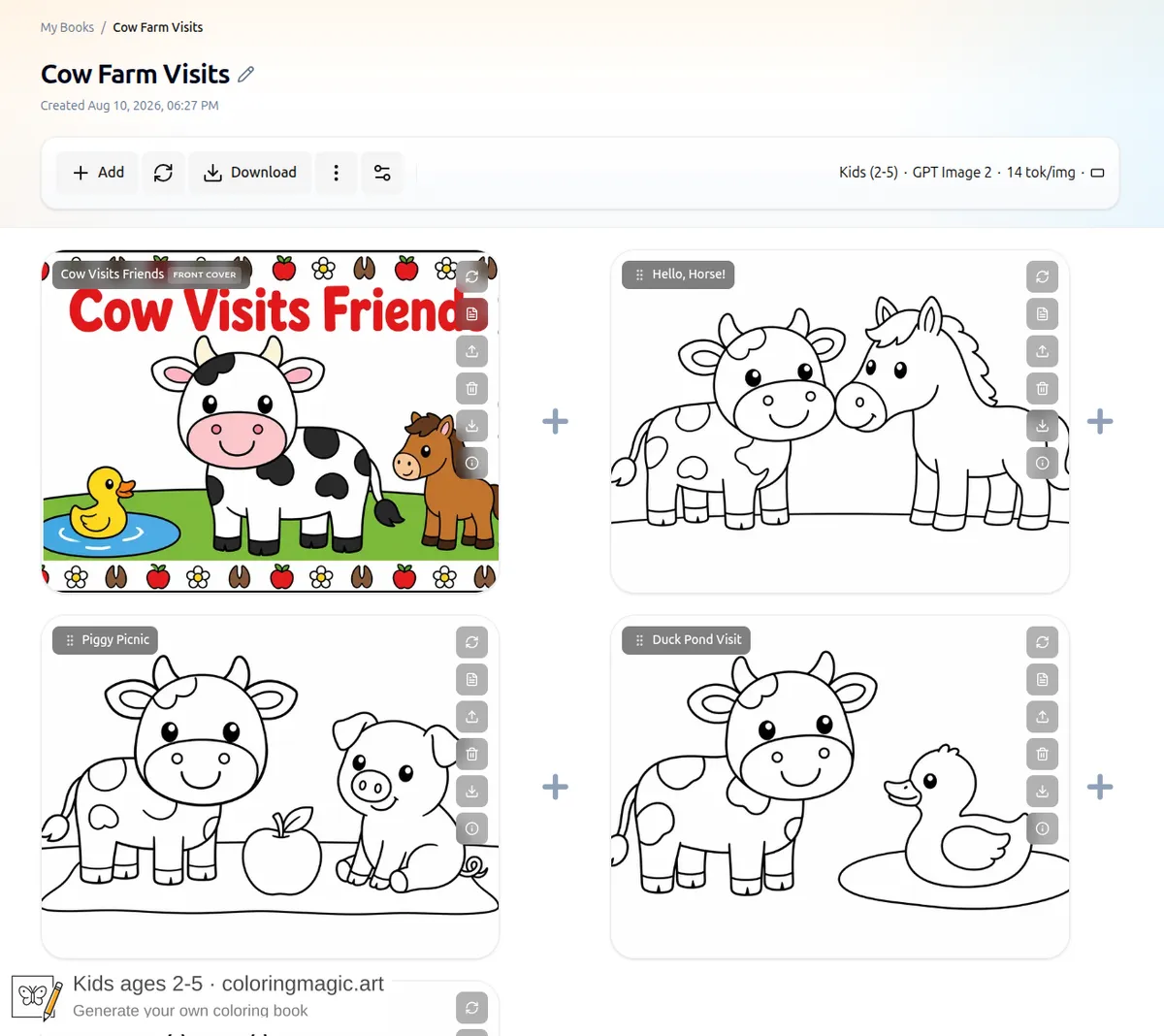 Cow Farm Visits coloring page editor grid showing the same spotted cow on the cover and with a horse, pig, and duck