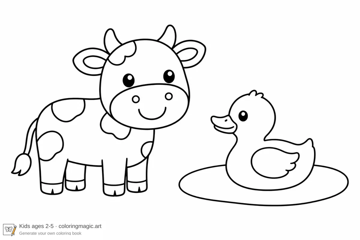 Simple kids coloring page of a cartoon cow looking at a smiling duck in a small oval pond