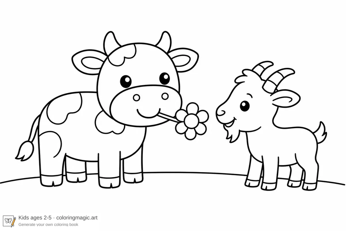 Simple kids coloring page of a cartoon cow holding a flower toward a small smiling goat