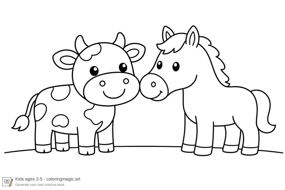 Simple kids coloring page of a cartoon cow touching noses with a horse on a single ground line