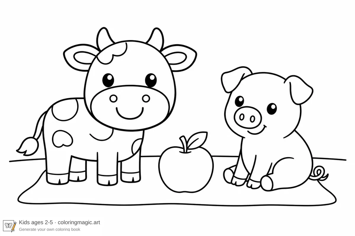 Simple kids coloring page of a cartoon cow and pig sharing an apple on a picnic blanket