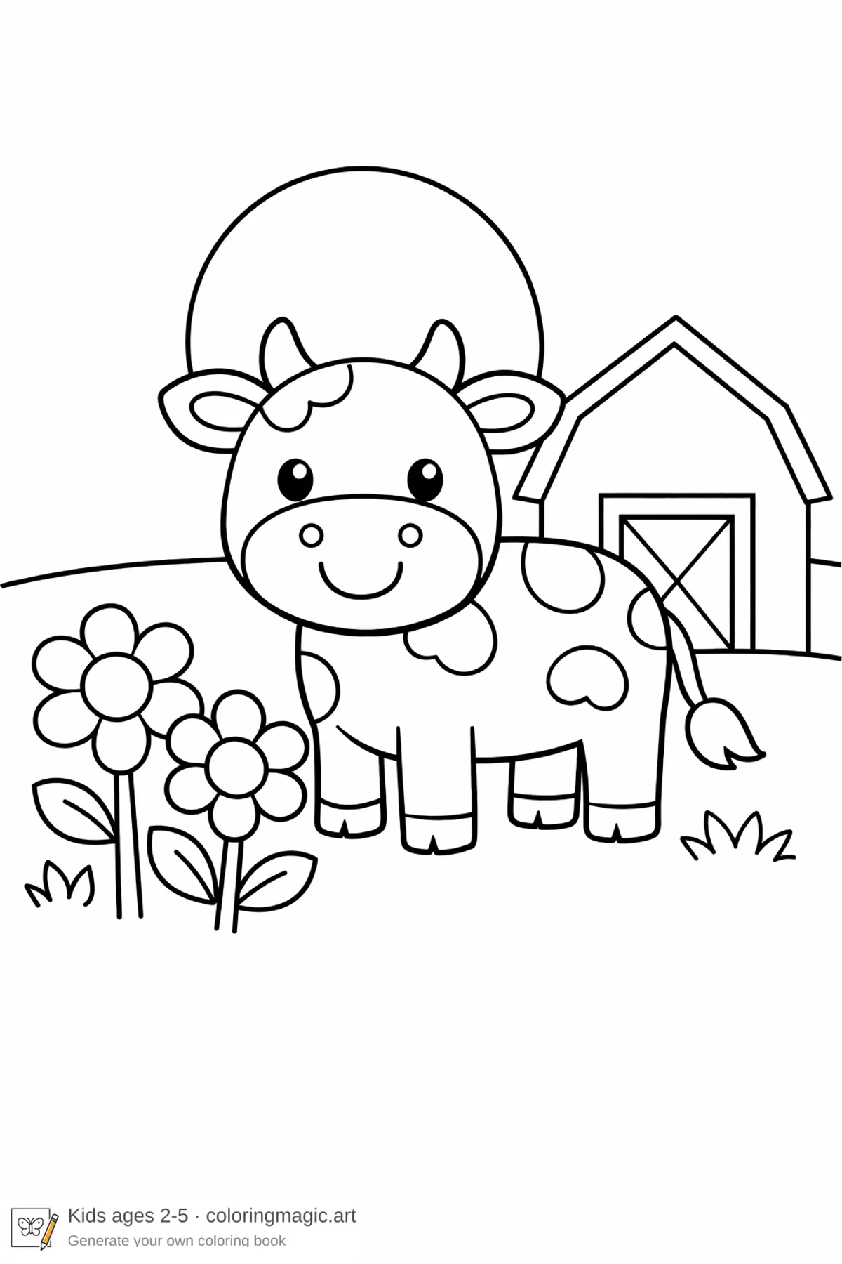 Friendly cartoon cow coloring page character sheet with a barn and flowers used as a kids reference image