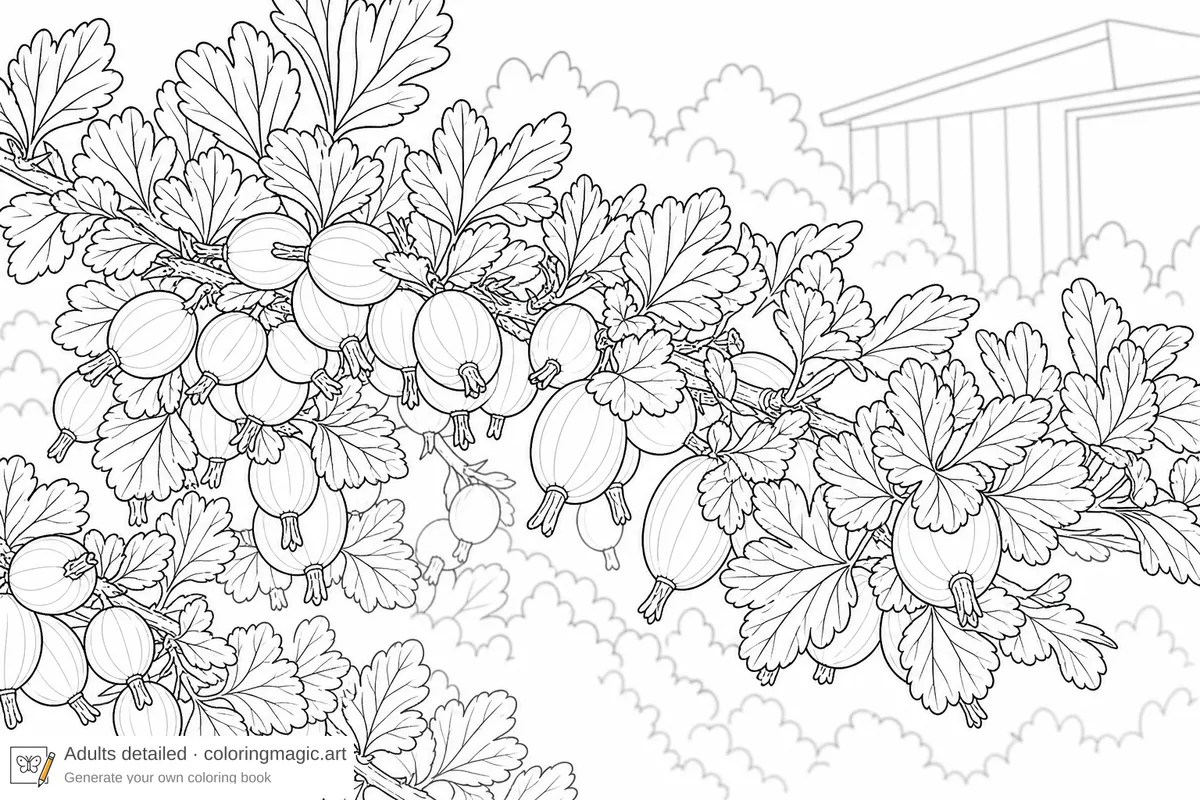 Pagina da colorare per adulti di un ramo di uva spina con bacche nervate e sfondo di giardino semplificato