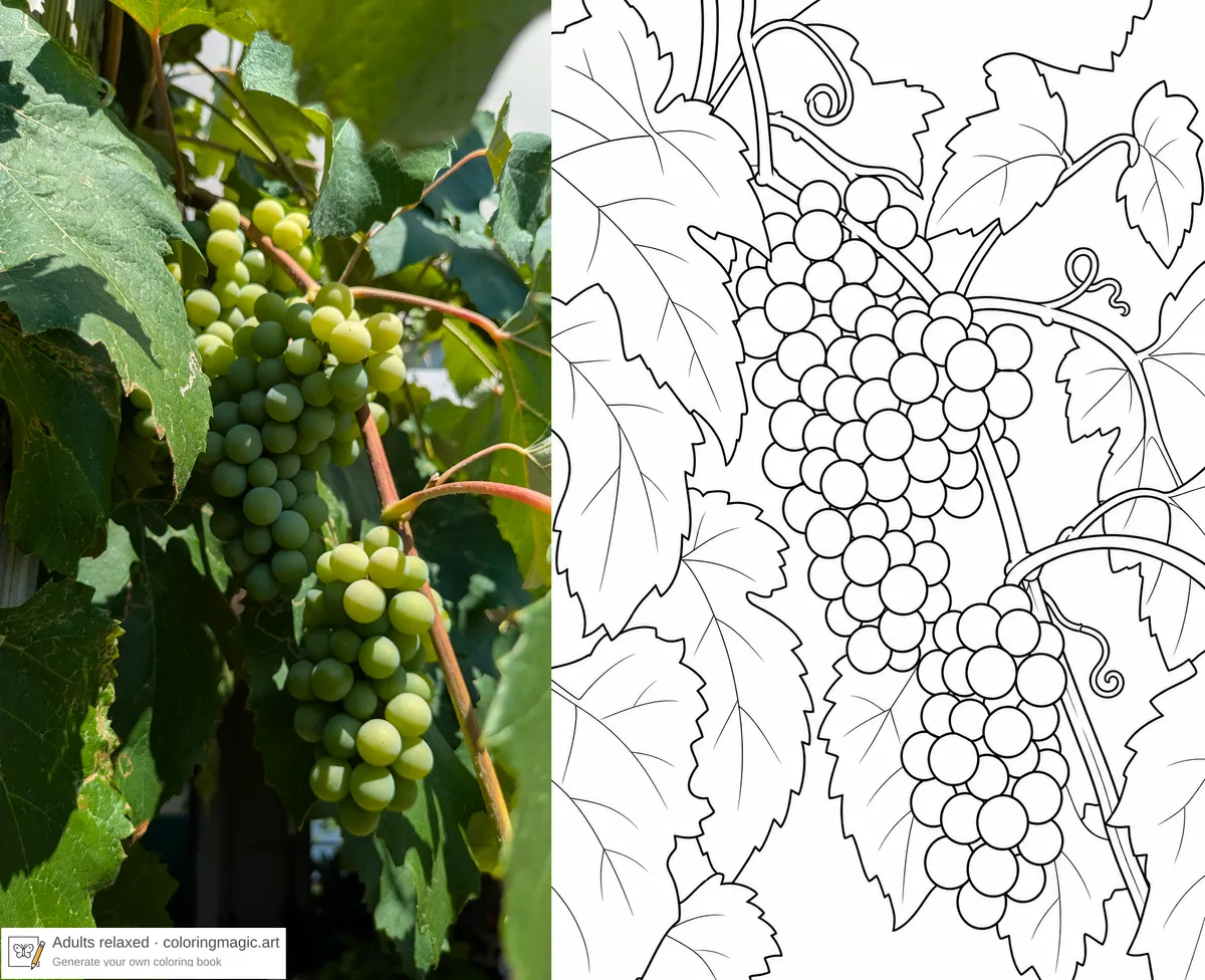 Foto di uva accanto a una pagina da colorare stampabile con grappoli d'uva