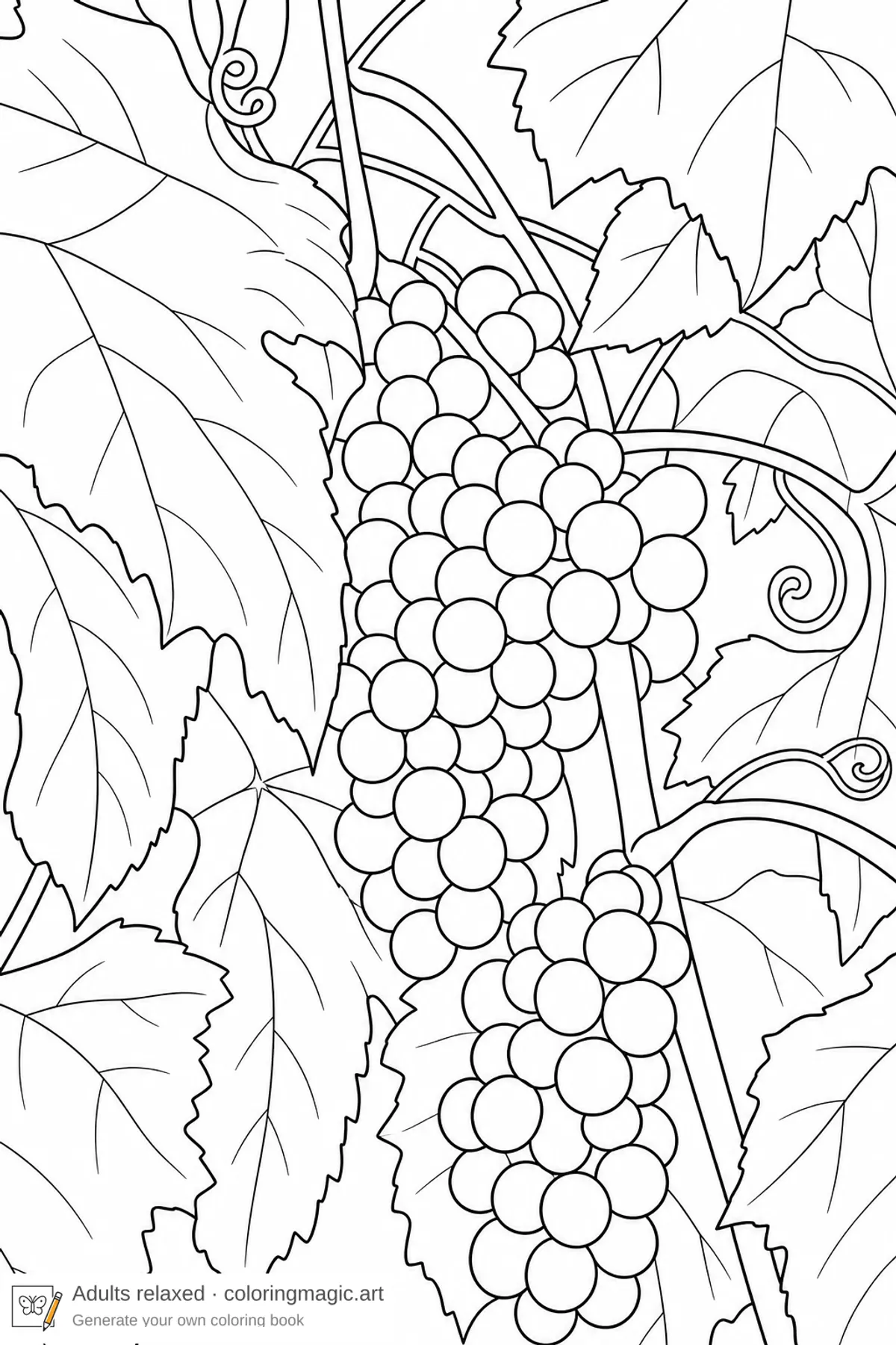 Pagina da colorare per adulti di grappoli d'uva che pendono tra foglie di vite