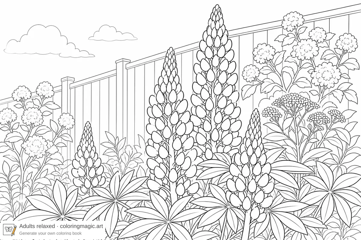 Pagina da colorare per adulti di una pianta di lupino in un giardino di inizio estate con staccionata semplice