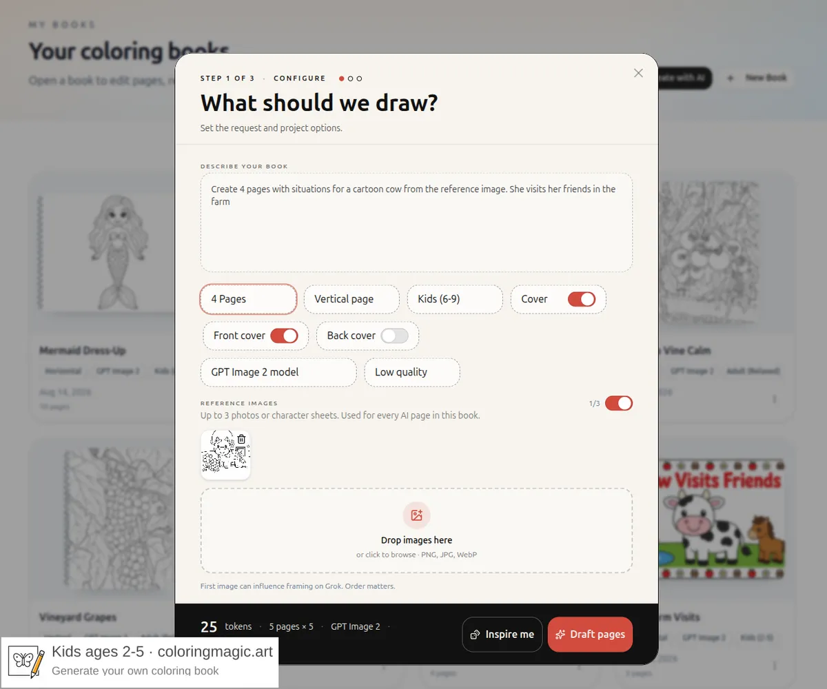 Book wizard configure step with Add reference images on and a cartoon cow coloring page attached as the reference