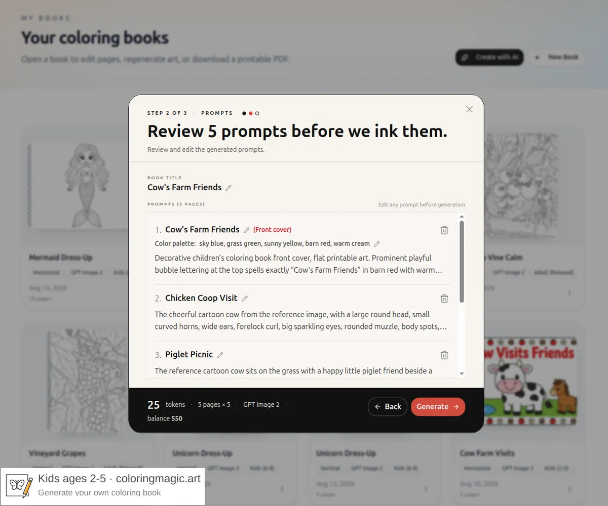 Book wizard prompts step for a cow coloring page book with each scene naming the reference cartoon cow