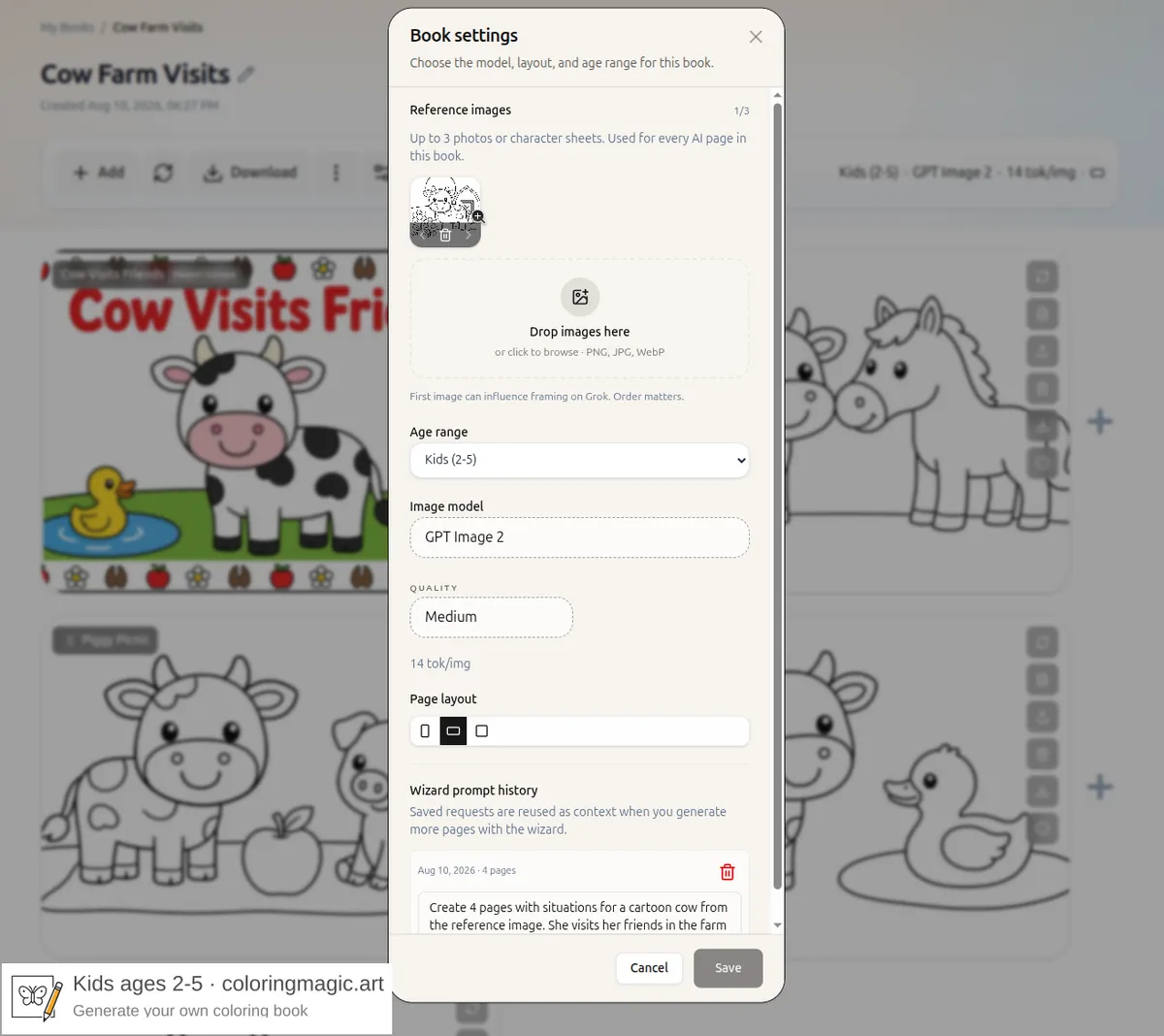 Book settings dialog showing the Reference images row with a cow coloring page character sheet attached