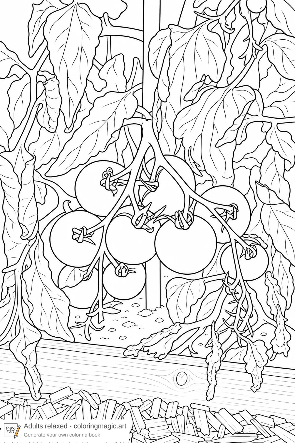 Pagina da colorare per adulti di un grappolo di pomodori sulla pianta con bordo dell'aiuola e pacciame
