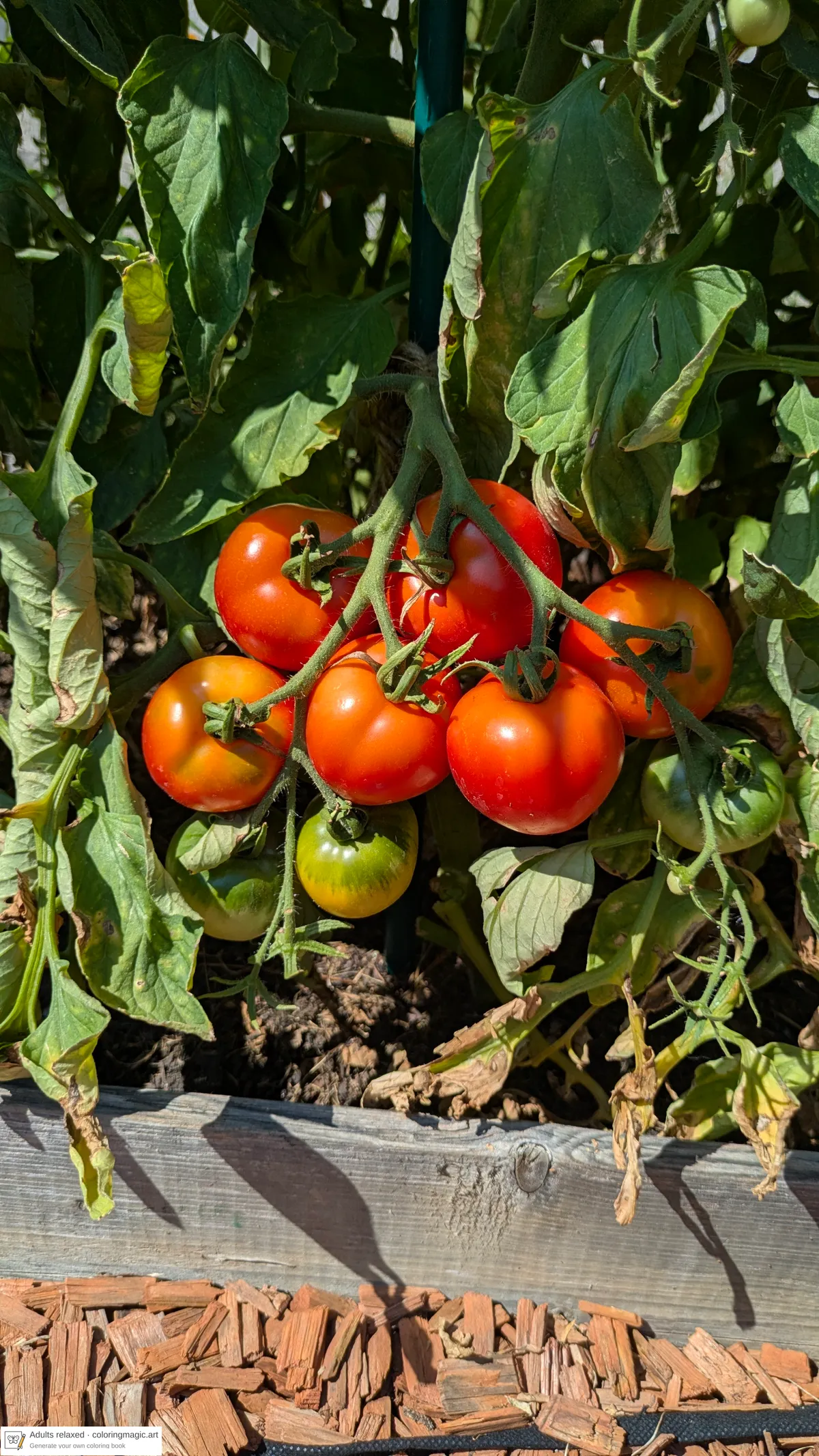 Fotografia di una pianta di pomodoro in un'aiuola usata come immagine di riferimento per una pagina da colorare