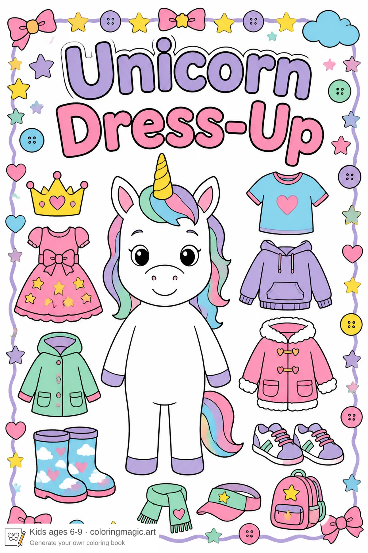 Unicorn Dress-Up coloring page front cover with a cute unicorn and clothing items around the title