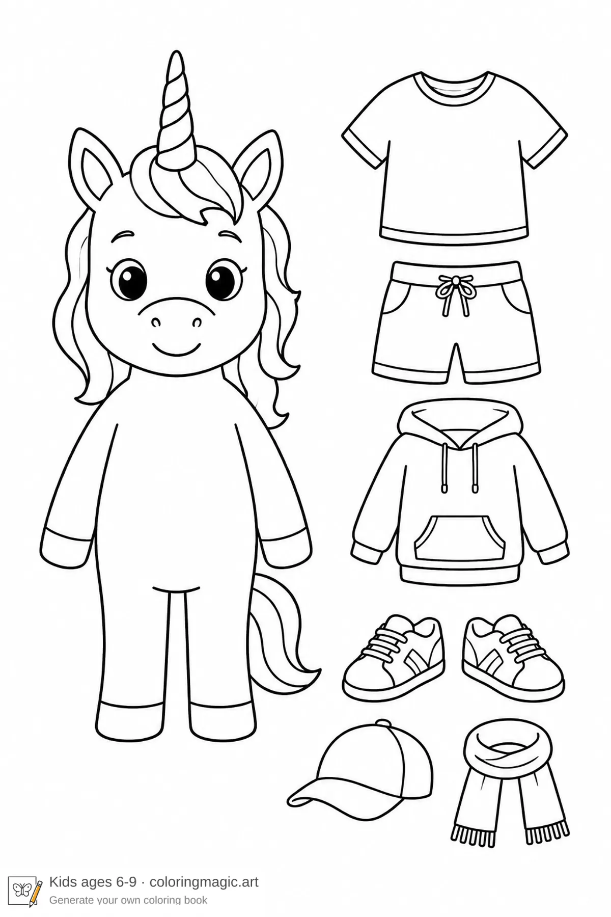 Kids coloring page of a unicorn beside a cut-out casual clothes set on an empty background