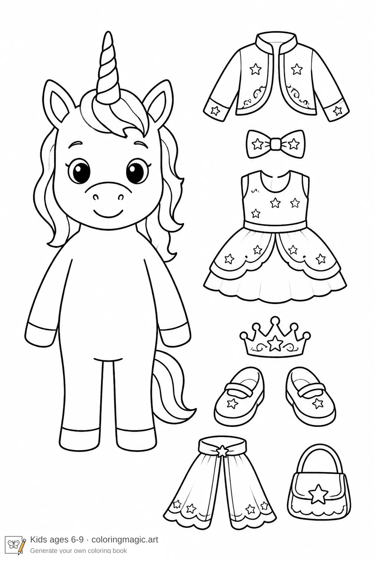 Kids coloring page of a unicorn beside a party dress-up set with crown and cape