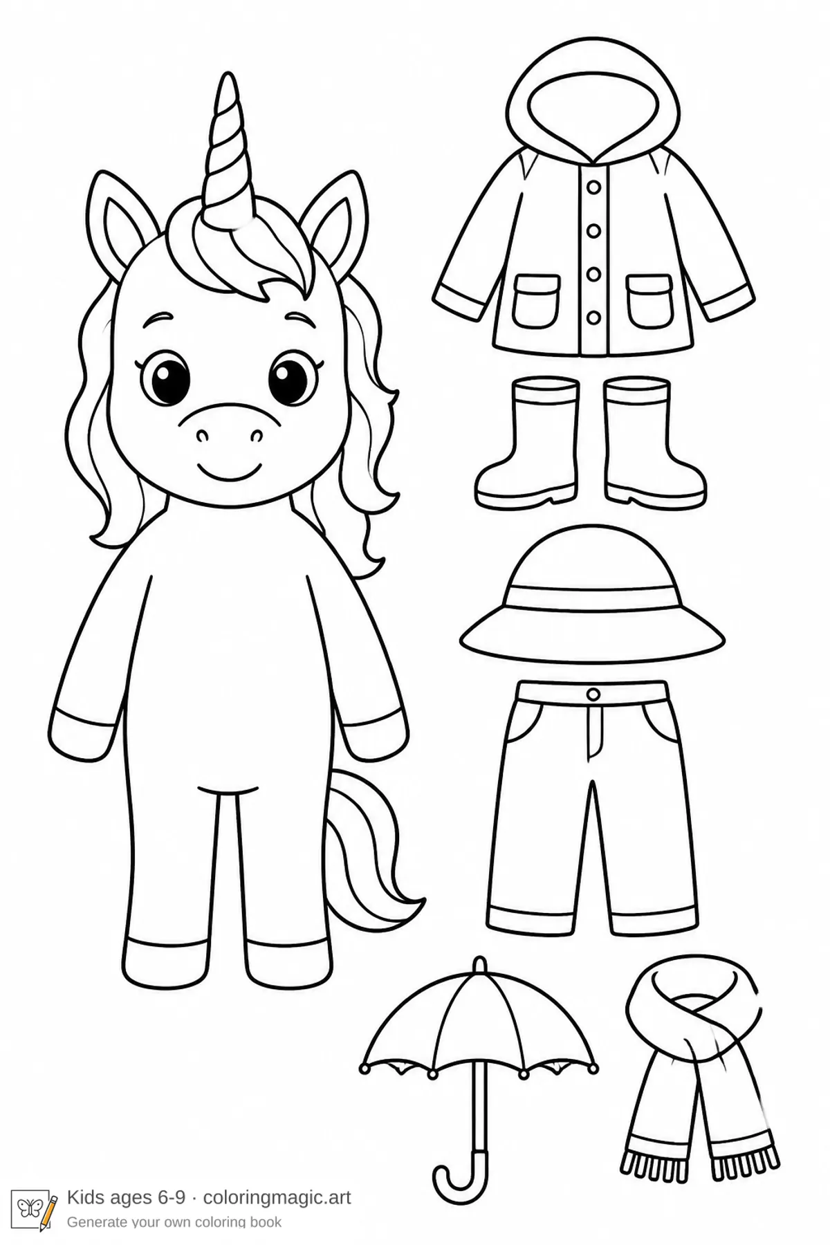 Kids coloring page of a unicorn beside a rainy-day clothes set with raincoat and boots