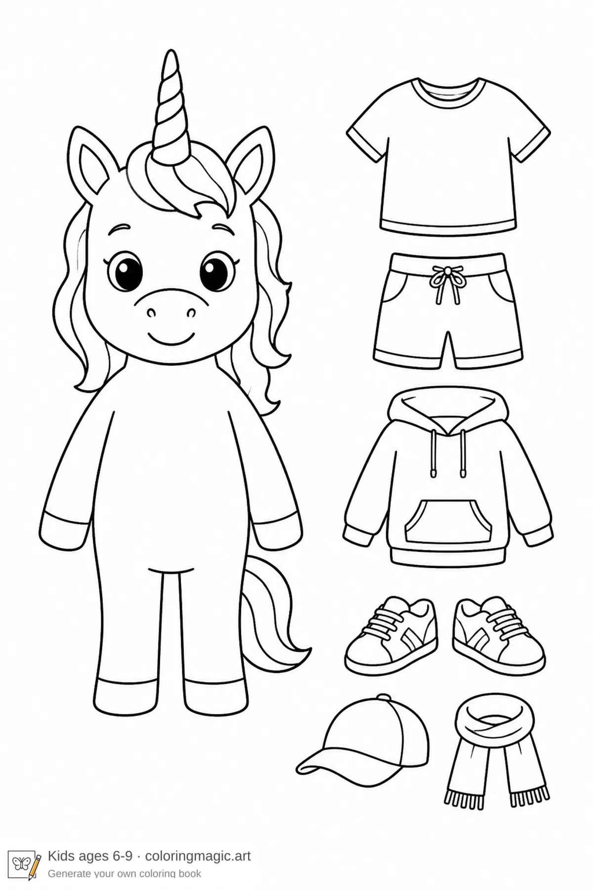 Front-view cute unicorn coloring page character sheet with a casual clothes set on an empty background