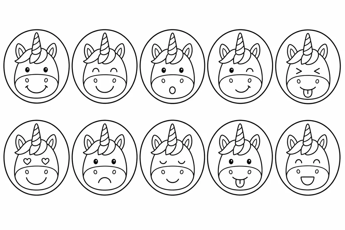 Unicorn funny face stamp coloring page printable with happy grin surprised and winky expressions for toddlers