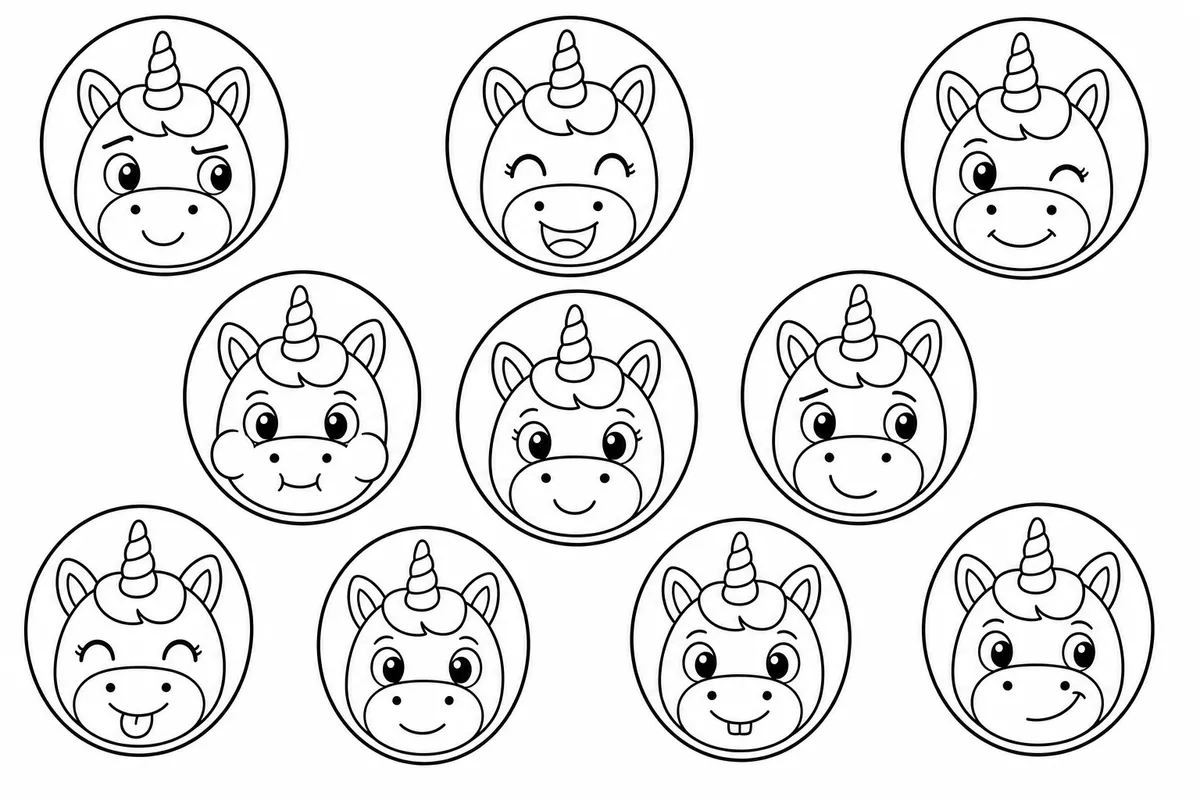 Unicorn face stamp coloring page printable with cheek puff and lopsided smile for preschool kids