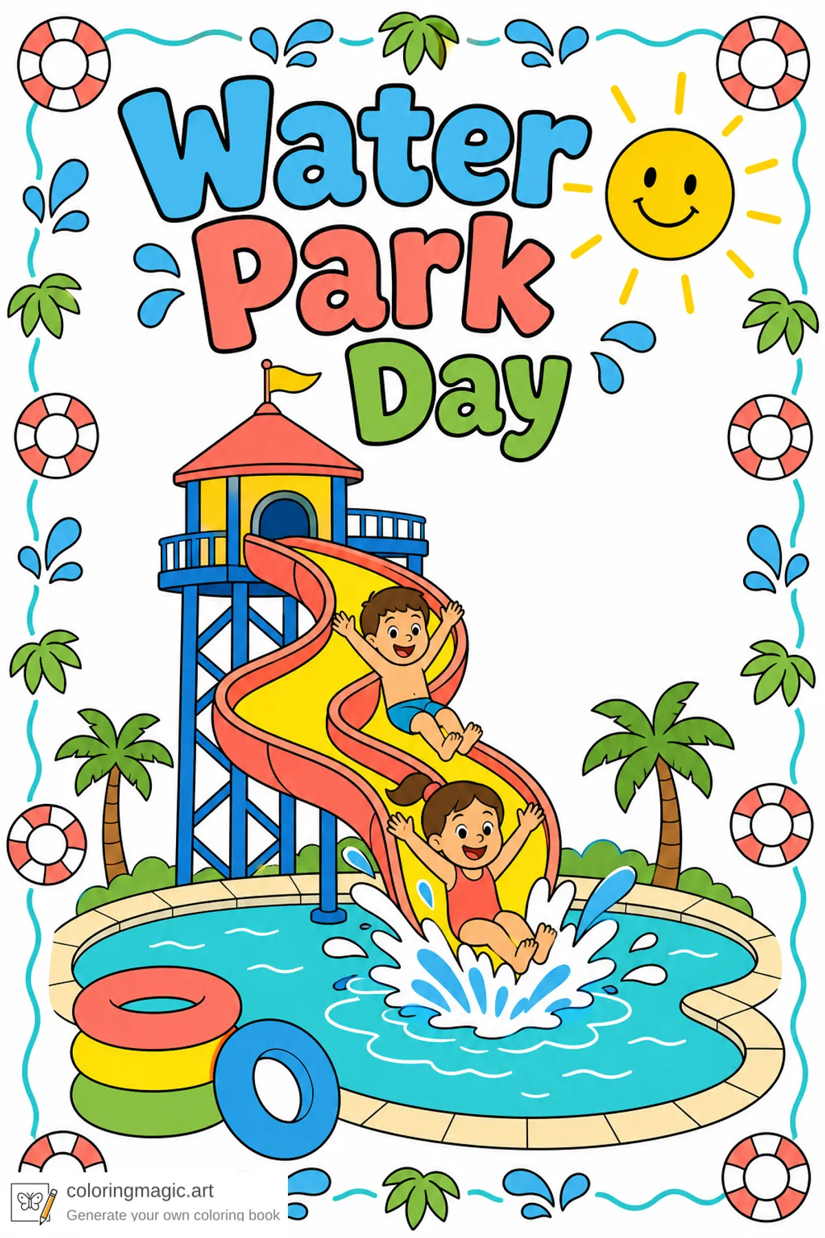 Water Park Day front cover with twisting slide, splash pool, float rings, and palm trees