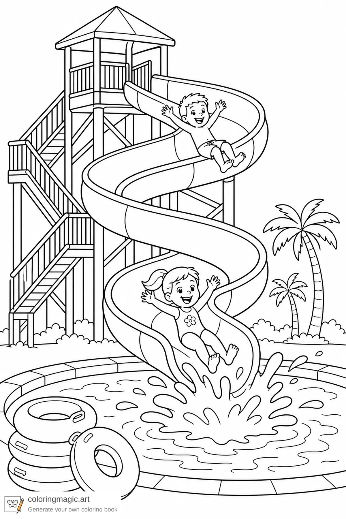 Kids water park coloring page of a twisting water slide into a splash pool with float rings and palm trees