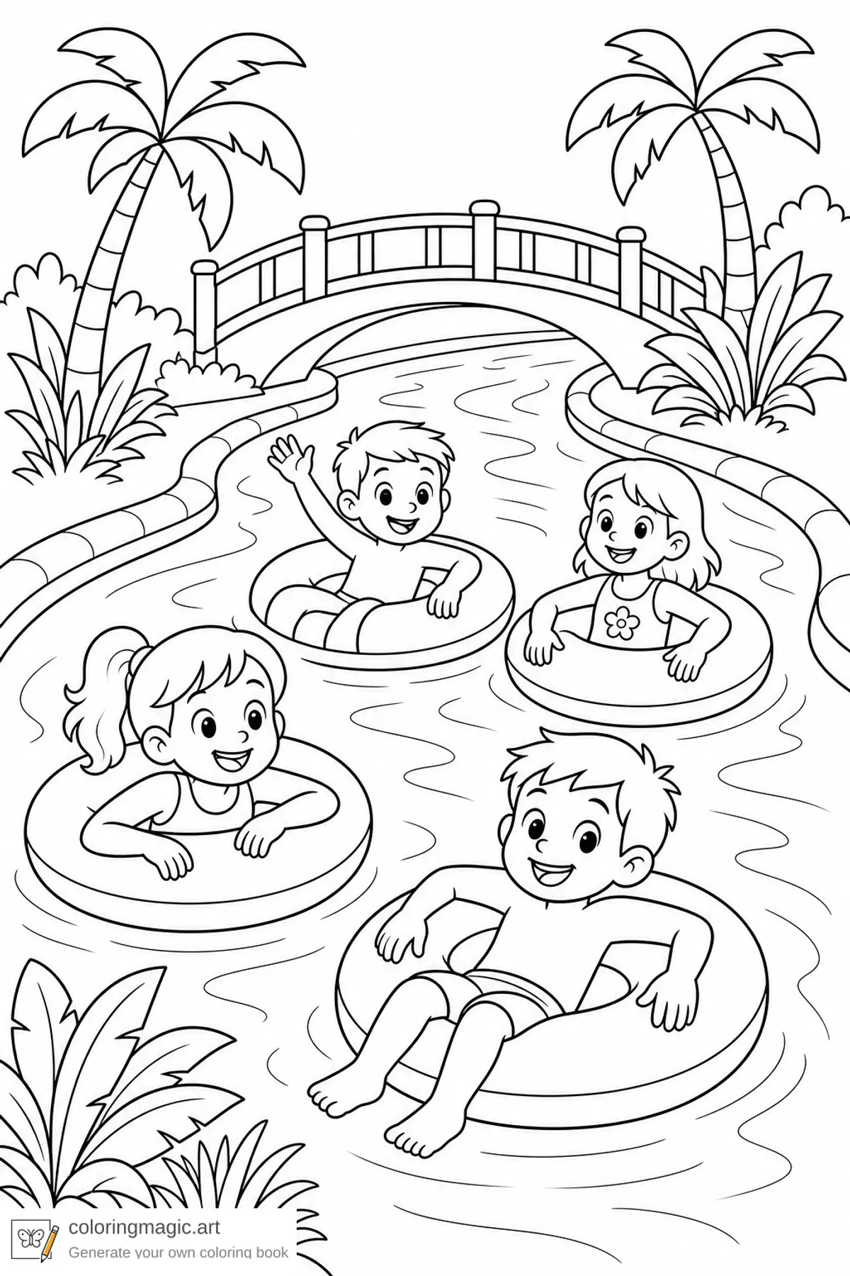 Kids water park coloring page of children floating in inflatable rings on a lazy river under a bridge