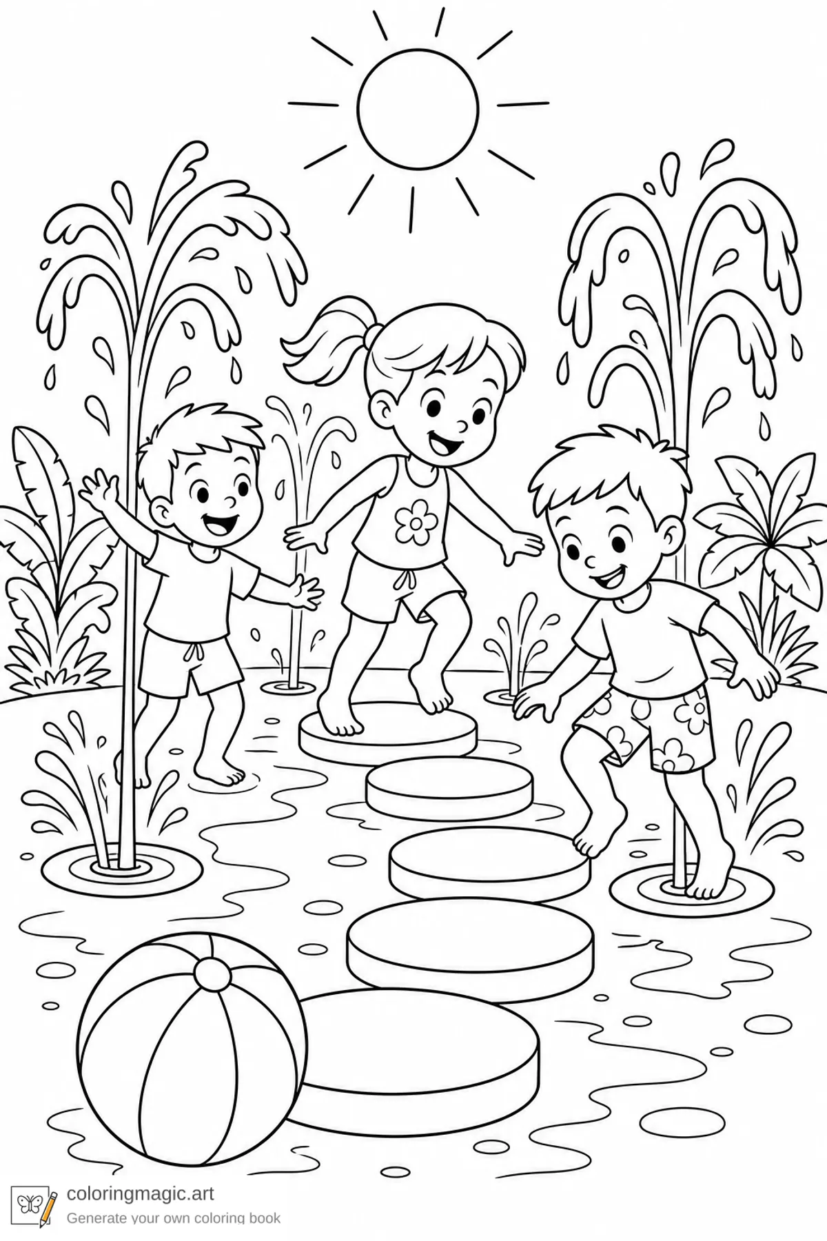 Kids water park coloring page of children playing in fountain sprays with stepping stones and beach ball
