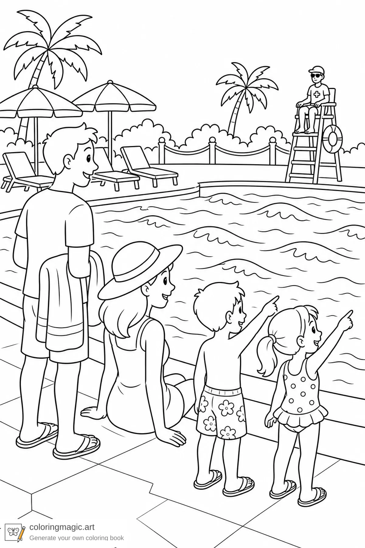 Kids water park coloring page of a family at a gentle wave pool with umbrellas and lifeguard chair