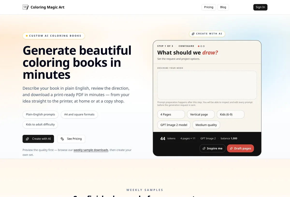 Coloring Magic Art Startseite mit dem KI-Malbuch-Assistenten, der einfache Prompts, Seitenlayout-Optionen und Modelleinstellungen zeigt