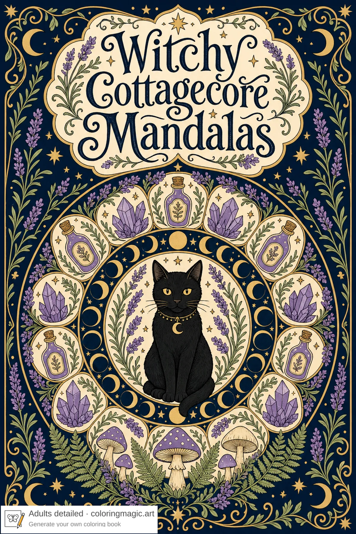 Witchy Cottagecore Mandalas front cover with black cat, moon phases, herbs, and potion bottles