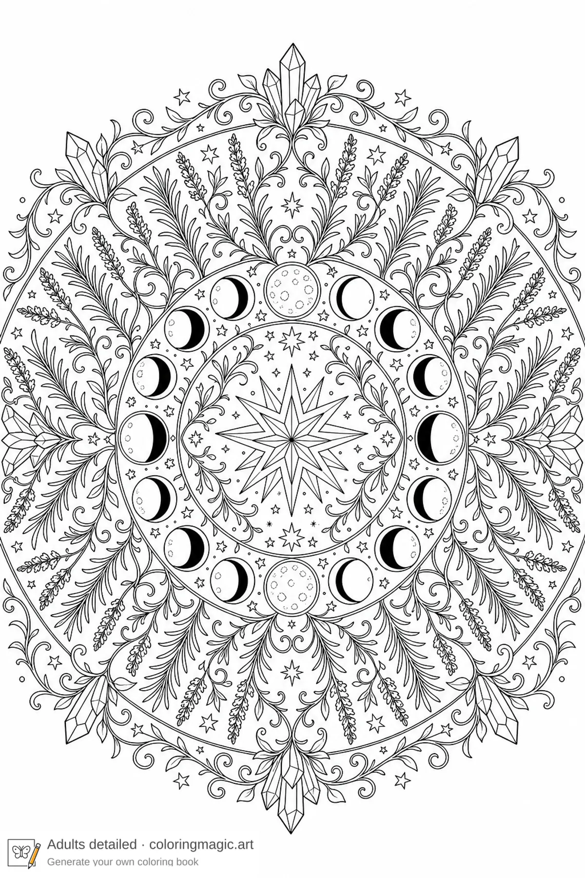 Adult witchy mandala coloring page of moon phases rosemary lavender crystals and curling vines