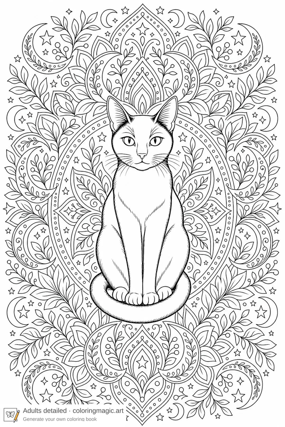 Adult black cat mandala coloring page with crescent moons leaves stars and botanical rings
