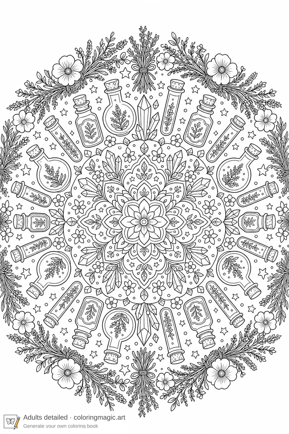 Adult potion bottle mandala coloring page with herbs flowers crystals and stars