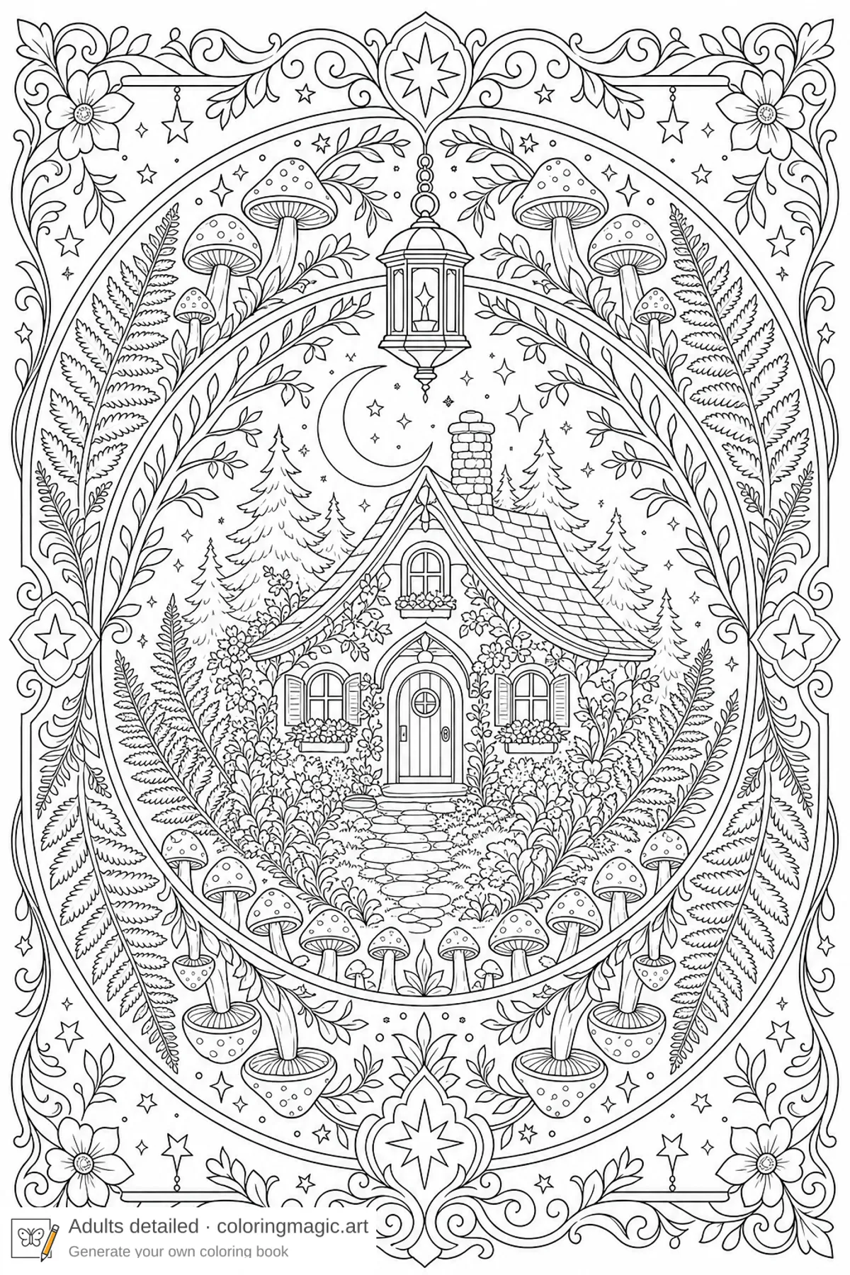 Adult cottagecore framed coloring page with woodland cottage mushrooms lantern ferns and moonlit branches